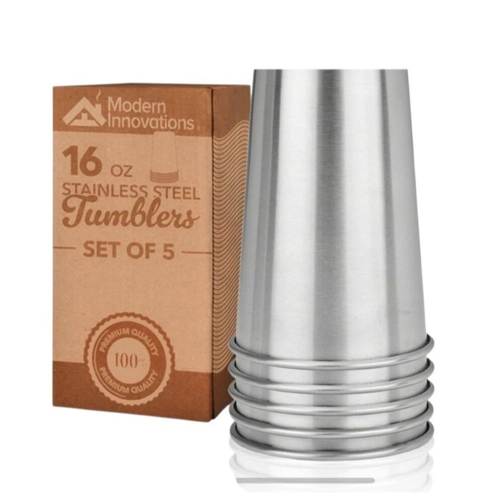 5 Pack Reusable Steel Cups - 16 Ounce Stainless Steel Stackable Tumblers